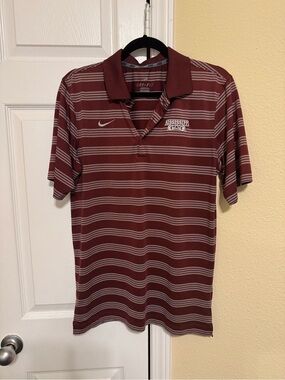 Nike Men's Maroon and White Striped Dri-FIT Polo